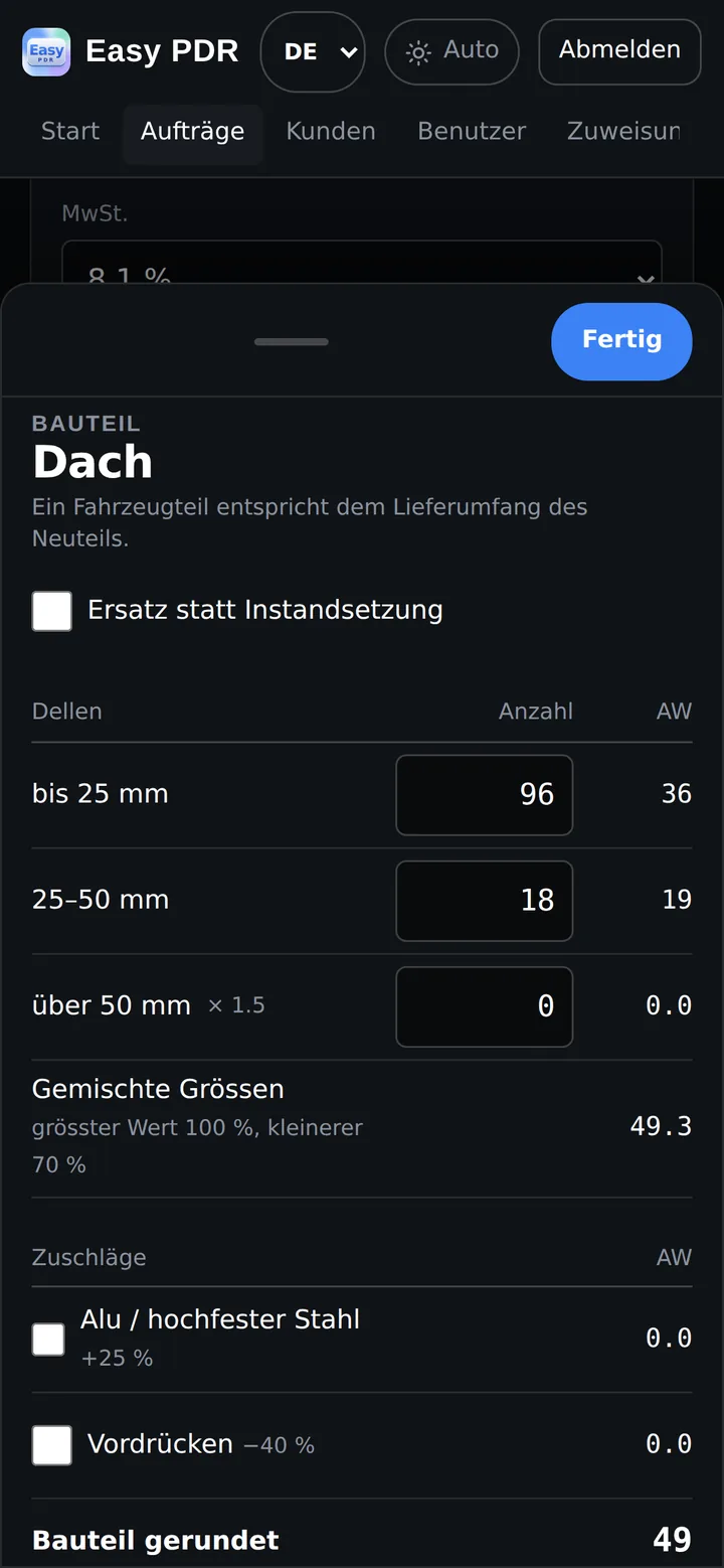 Easy PDR auf dem Handy: Dellen pro Bauteil erfassen