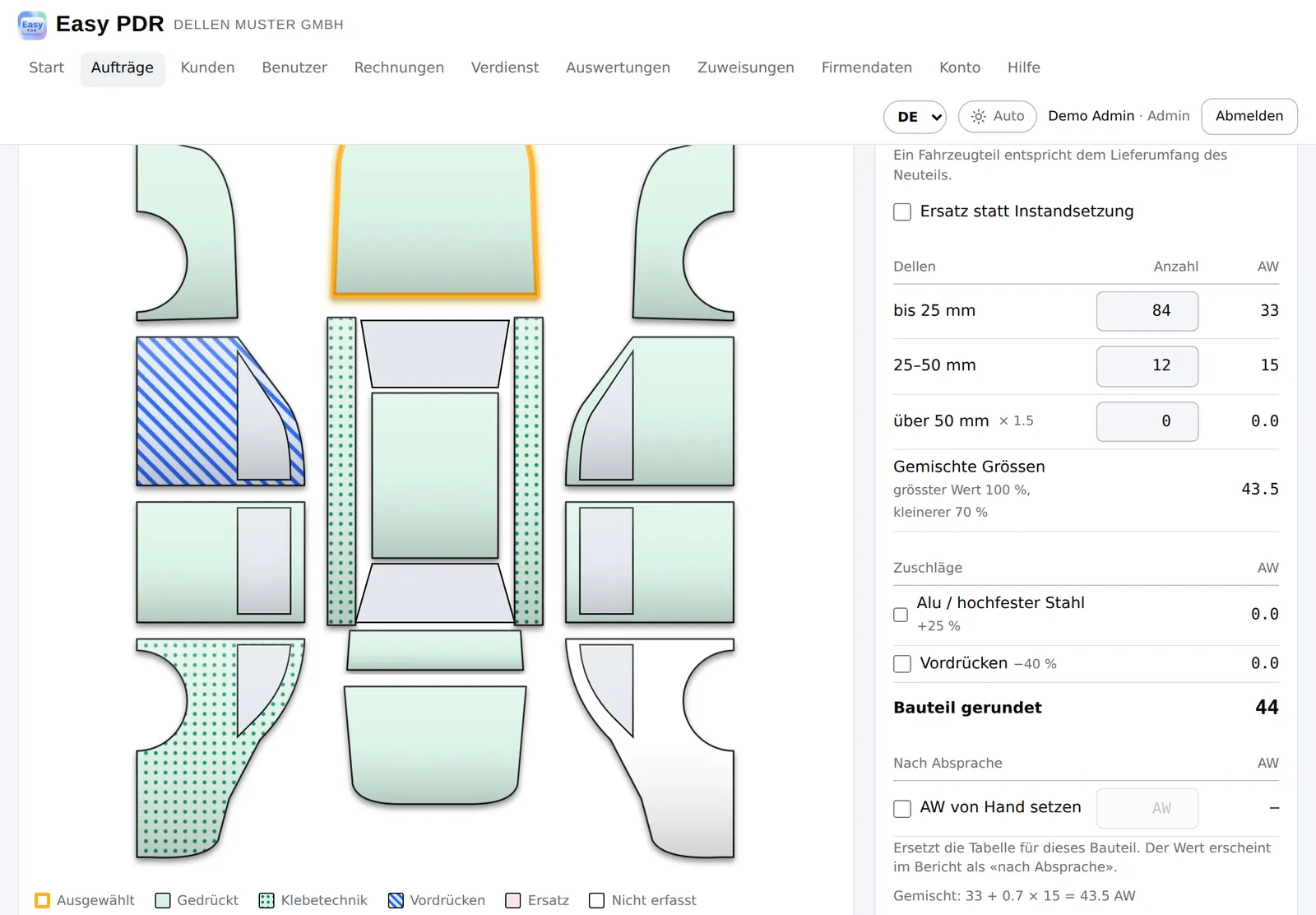 Easy PDR: Auftrag mit Fahrzeuggrafik, Bauteil Motorhaube und Arbeitswerten