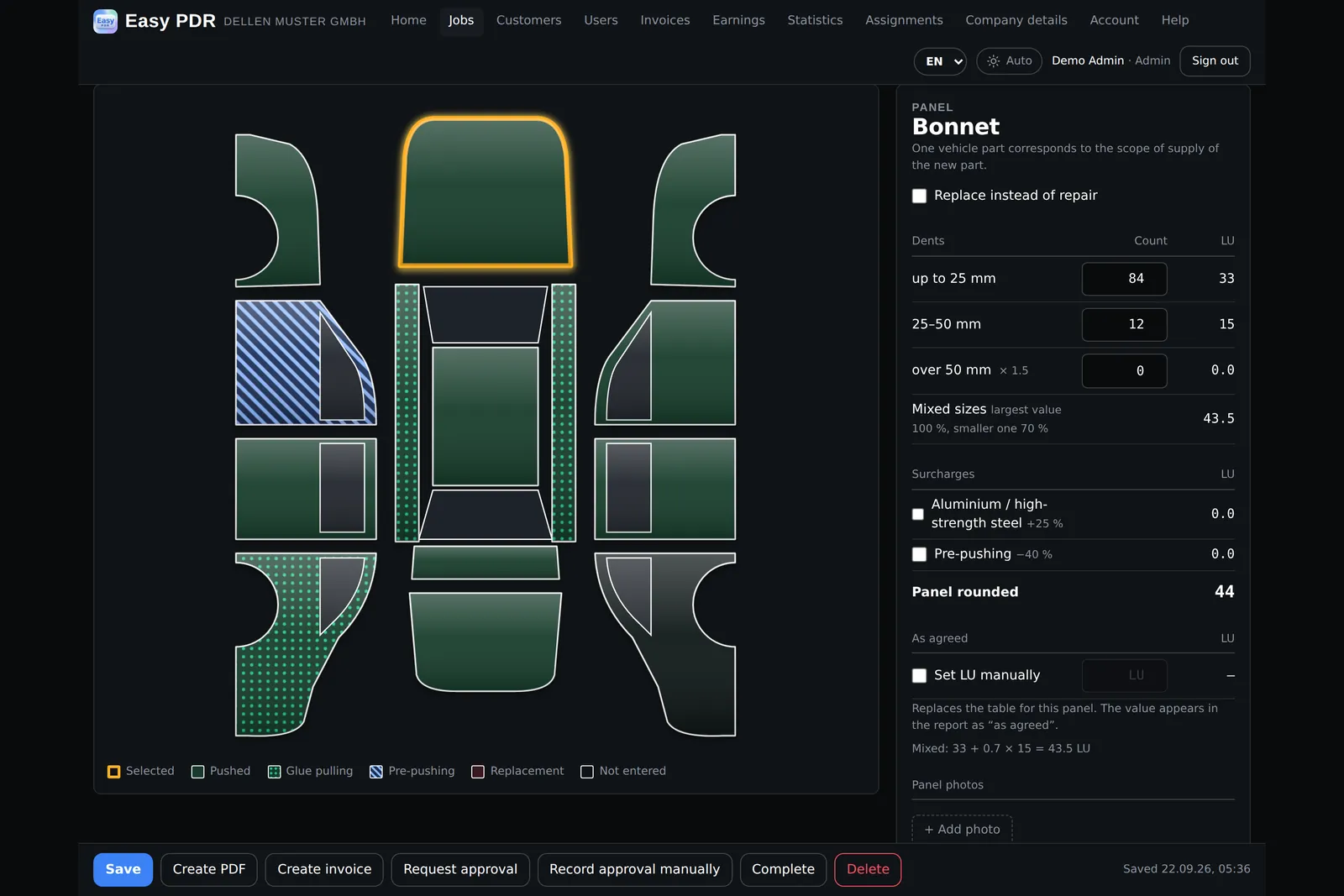 Easy PDR: job with vehicle diagram, bonnet panel and labour units