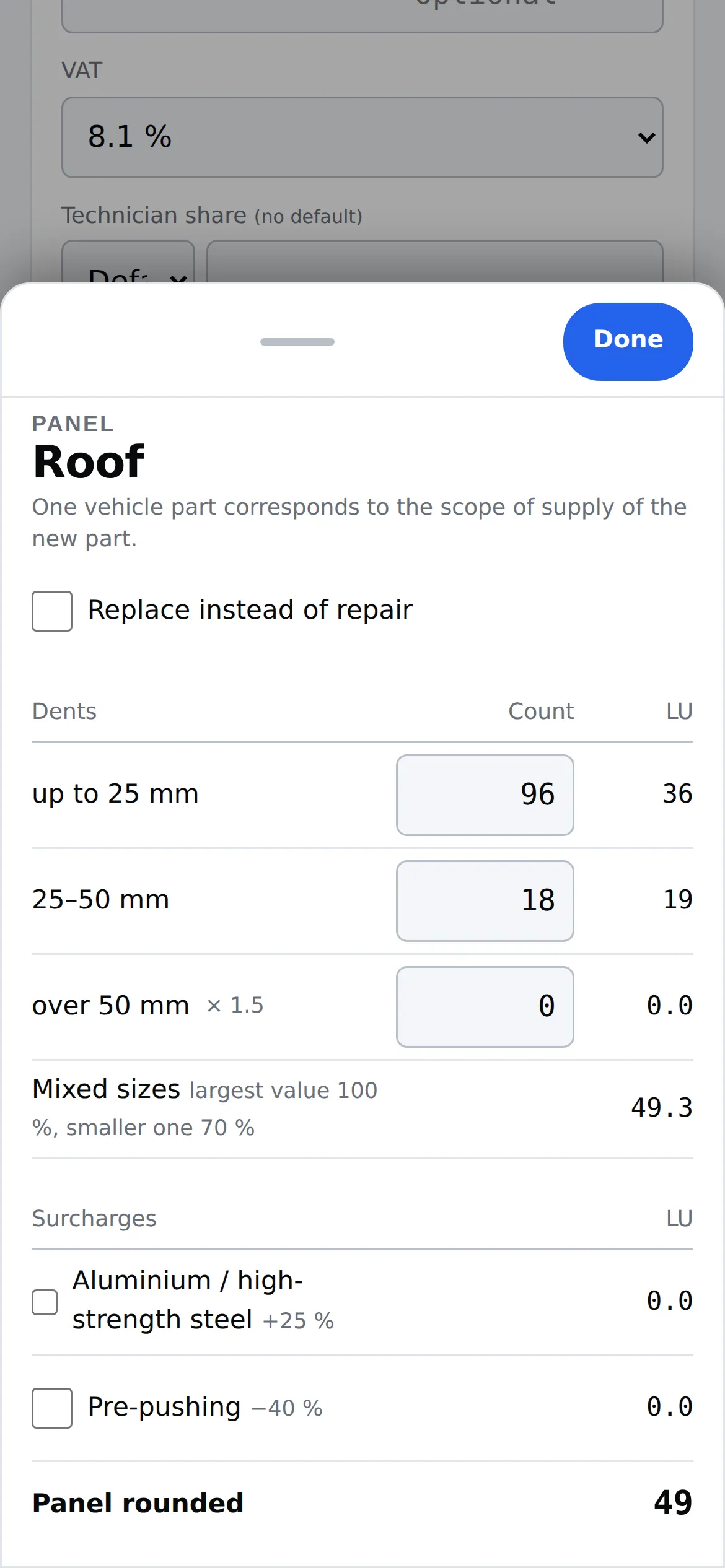 Easy PDR on a phone: entering dents per panel