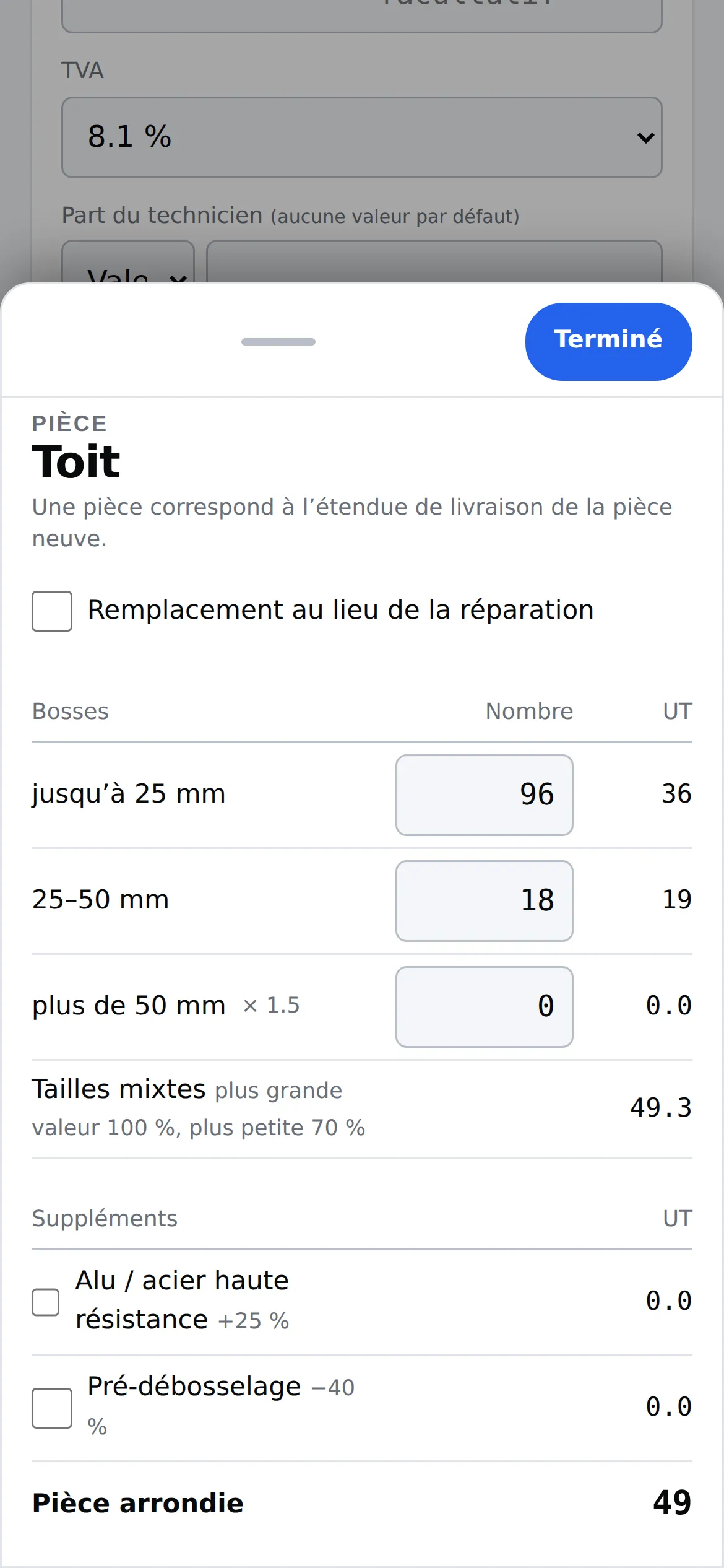 Easy PDR sur mobile : saisir les bosses par pièce