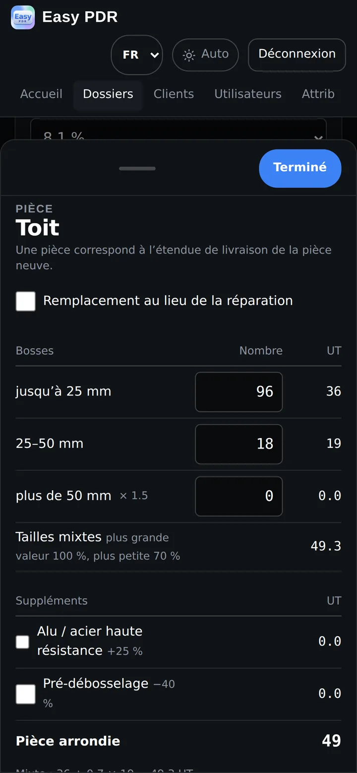 Easy PDR sur mobile : saisir les bosses par pièce