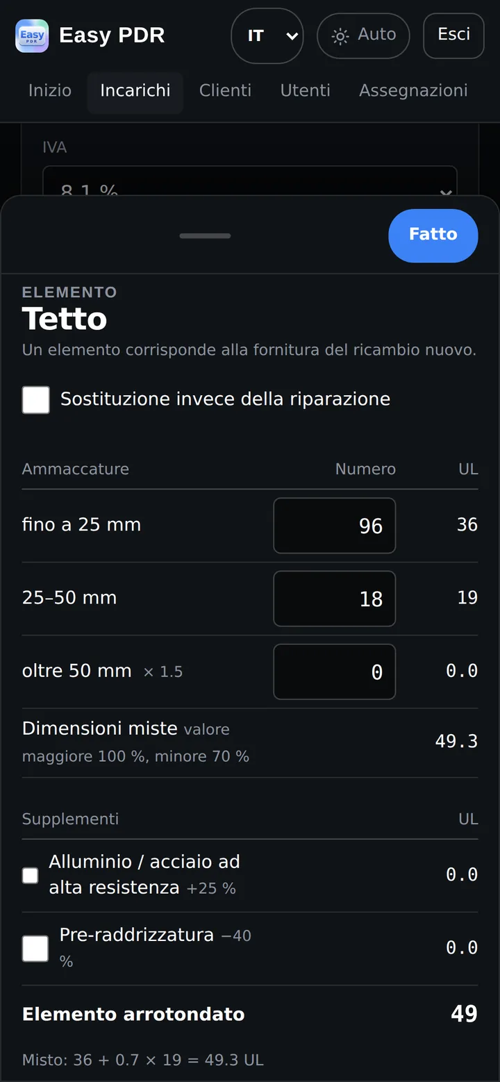 Easy PDR sul telefono: registrare le ammaccature per elemento